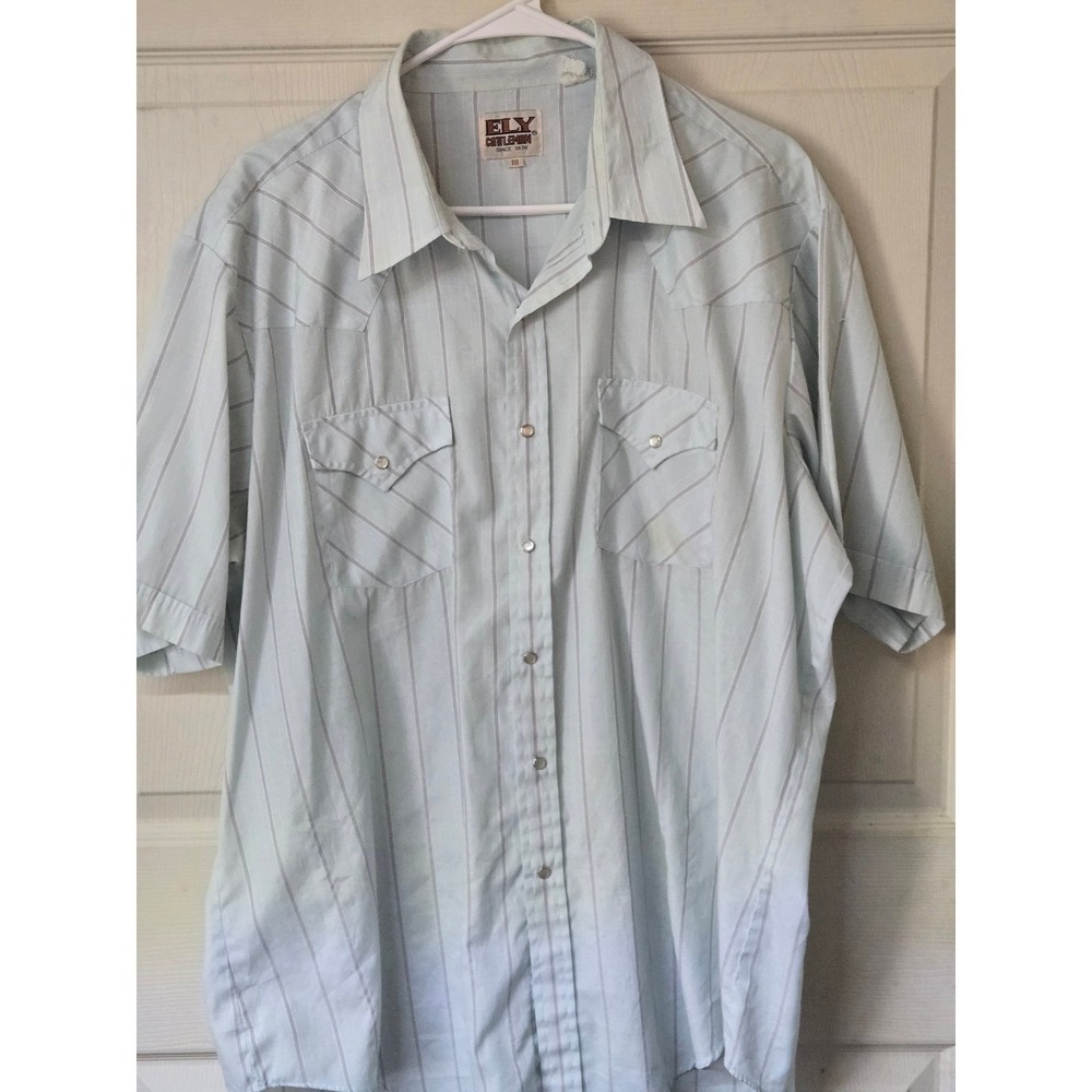 Vintage Ely Cattleman Western Pearl Snap Shirt Mens 18 Blue Striped Short Sleeve